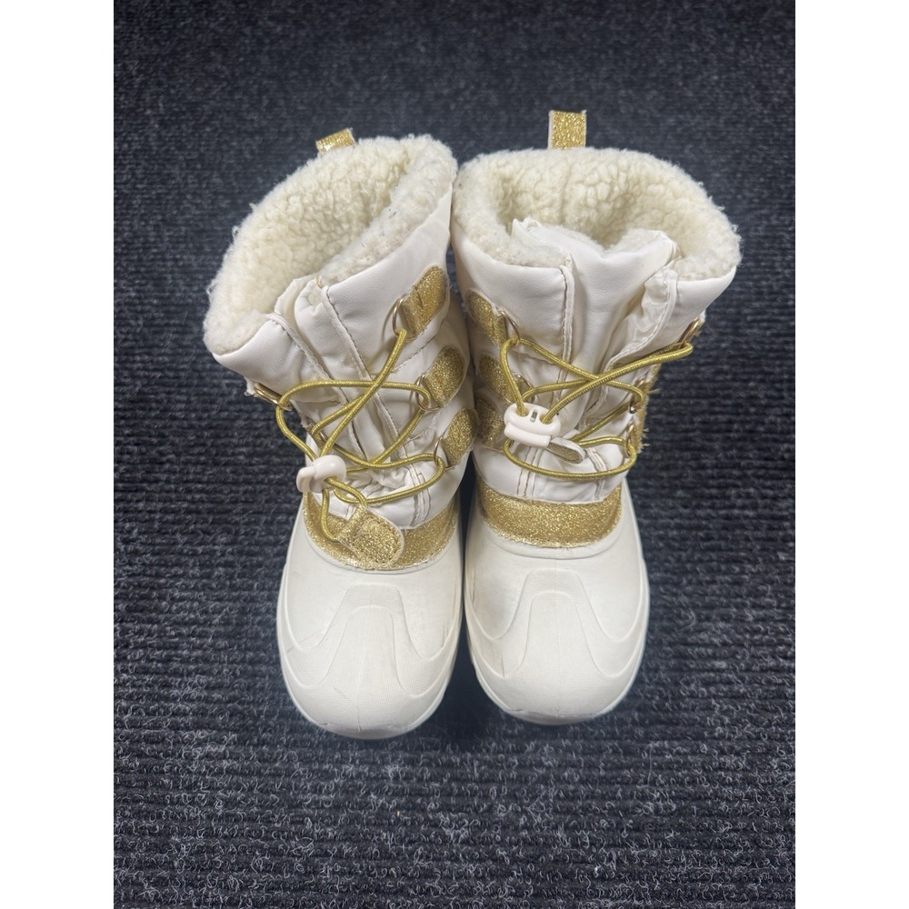Member's Mark Girls Snow Boots Size 2 White Gold Glitter Faux Fur Winter